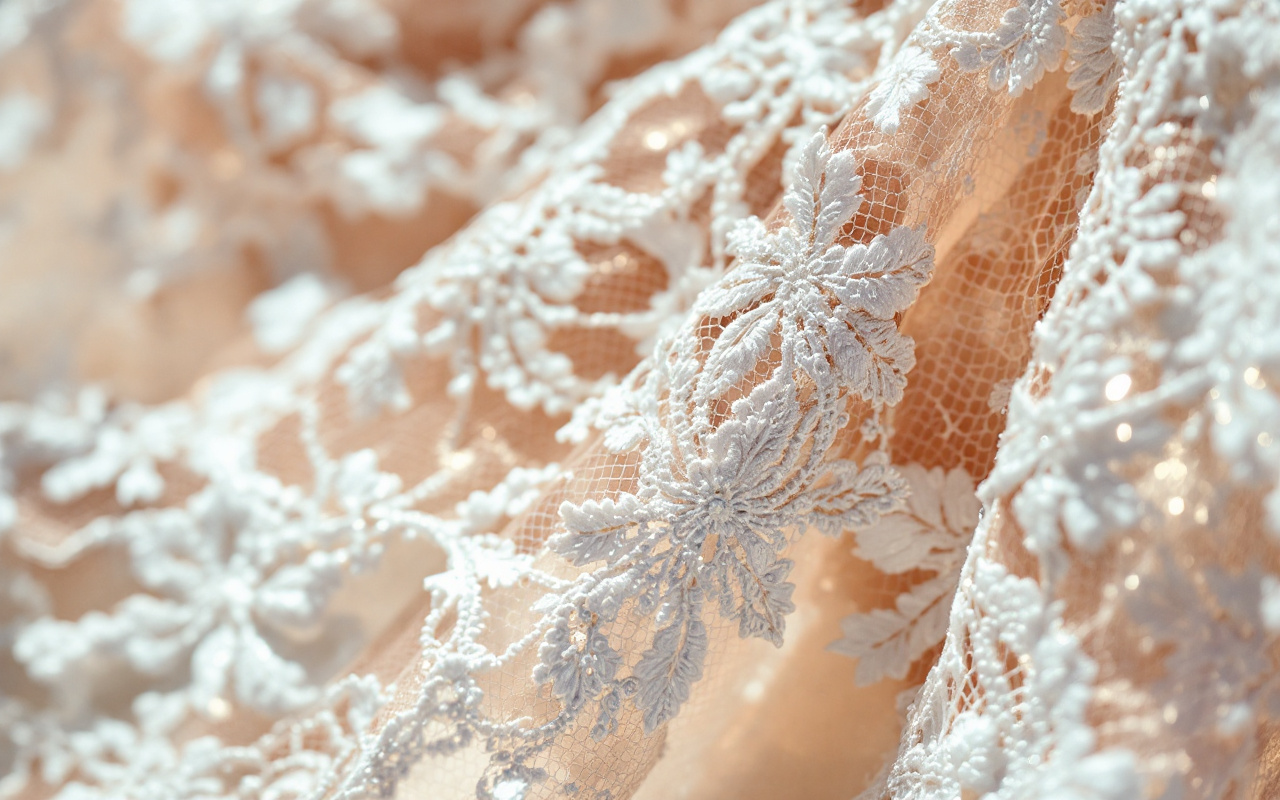 Gros plan des d&eacute;tails en dentelle sur une robe &eacute;l&eacute;gante, mettant en valeur les motifs d&eacute;licats et les textures de la dentelle.