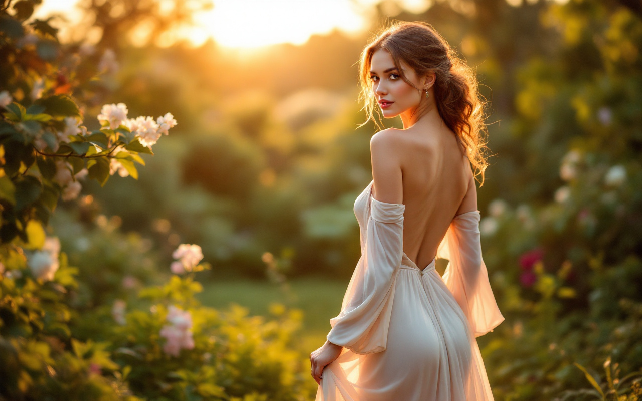 une-femme-elegante-portant-une-robe-longue-a-manches-longues-et-dos-nu-posant-dans-un-jardin-luxuriant-eclairee-par-la-douce-lumiere-doree-dun-coucher-de-soleil