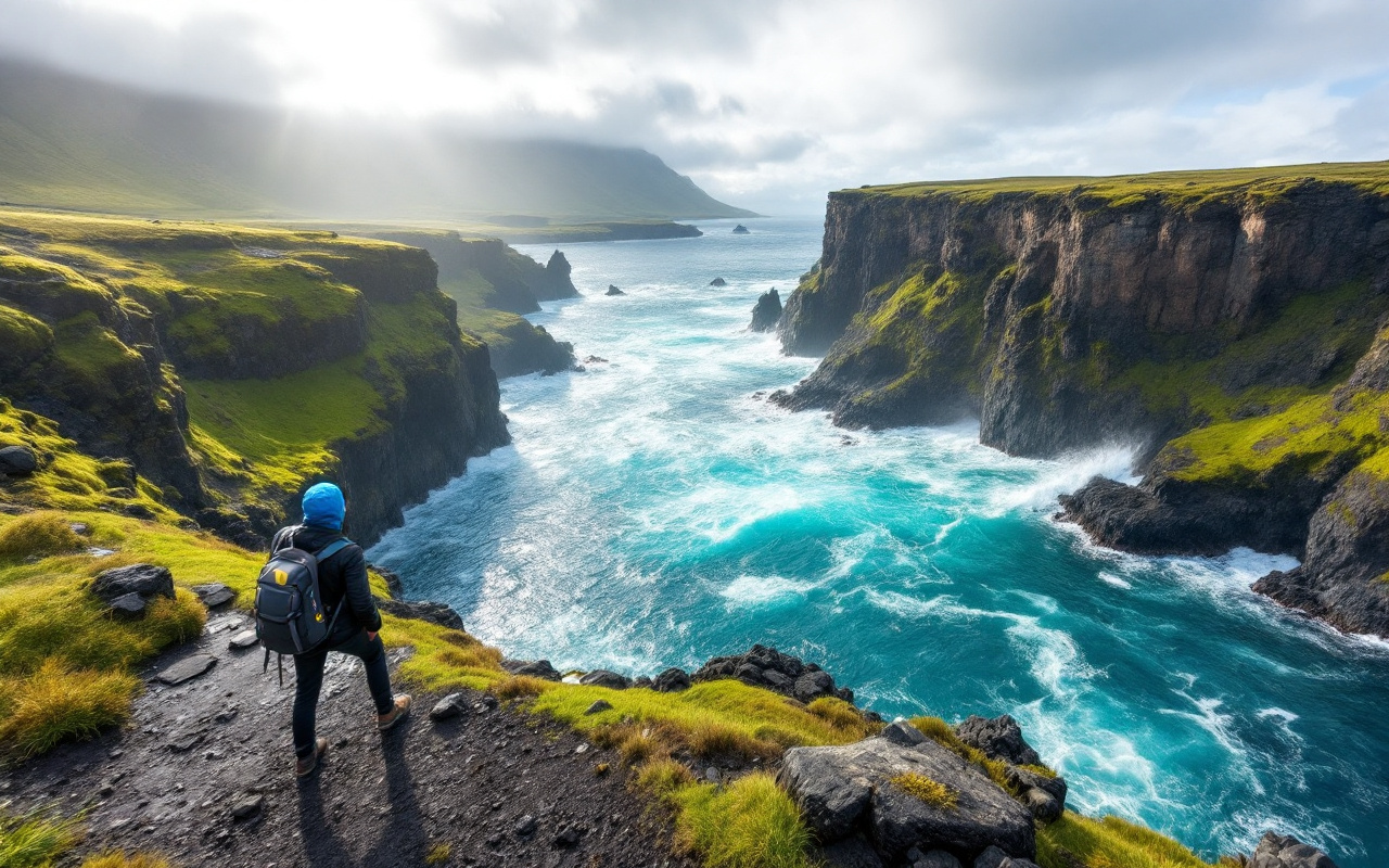 Un voyageur audacieux explorant la c&ocirc;te accident&eacute;e de l'Islande, entour&eacute; de falaises dramatiques et de vagues d&eacute;ferlantes, sous un ciel ensoleill&eacute; et nuageux.