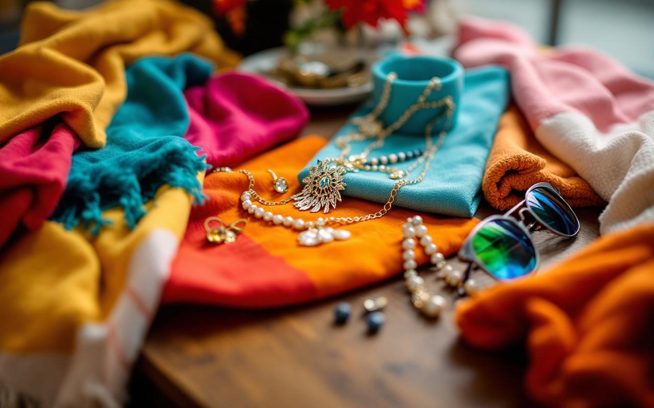 Une image repr&eacute;sentant des accessoires styl&eacute;s tels que des bijoux &eacute;l&eacute;gants et des lunettes de soleil, dispos&eacute;s sur une table en bois, cr&eacute;ant une ambiance chaleureuse et accueillante.