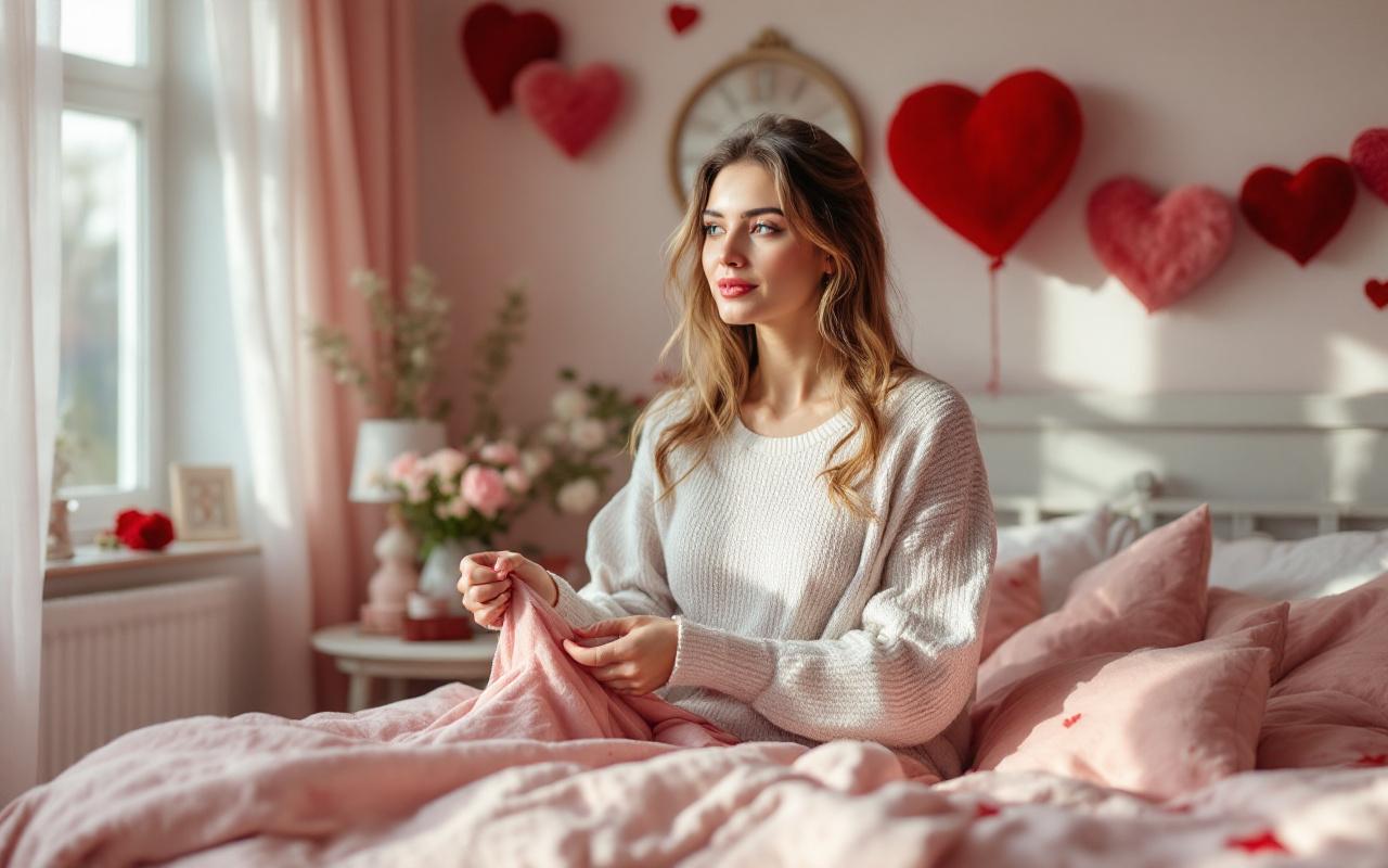 une-femme-dans-une-chambre-confortable-et-elegante-choisissant-une-tenue-pour-la-fete-des-amoureux-entouree-dune-decoration-romantique-et-baignee-de-lumiere-naturelle