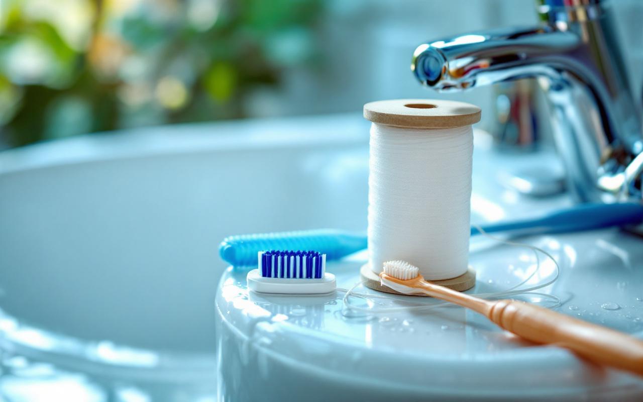 Brosse interdentaire et fil dentaire pos&eacute;s sur le rebord d'un &eacute;vier en porcelaine, robinet en acier inoxydable et quelques gouttelettes d'eau, lumi&egrave;re naturelle douce cr&eacute;ant une ambiance propre et calme.