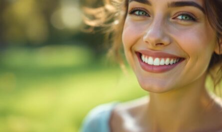 portrait-rapproche-dune-personne-souriante-montrant-des-dents-propres-en-exterieur-dans-un-parc-ensoleille-lumiere-douce-et-atmosphere-fraiche-aux-tons-bleus-et-verts