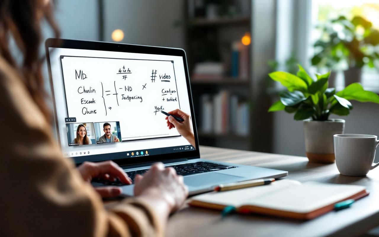 Session de tutorat en ligne montrant un ordinateur portable avec un tableau blanc num&eacute;rique partag&eacute;. Un tuteur et un &eacute;l&egrave;ve apparaissent en vignettes vid&eacute;o et collaborent en pointant des annotations manuscrites. Sur le bureau, carnets ouverts, stylo et une tasse de caf&eacute;. Arri&egrave;re‑plan : &eacute;tag&egrave;re avec livres et une plante. Lumi&egrave;re naturelle douce et ambiance calme, tons bleus et verts.