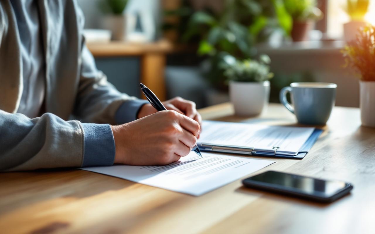 Personne locataire signant un contrat de location assise &agrave; une table en bois, avec un stylo, un dossier ouvert, une tasse et une plante &agrave; proximit&eacute;, lumi&egrave;re naturelle douce entrant par une fen&ecirc;tre, ambiance calme et chaleureuse.