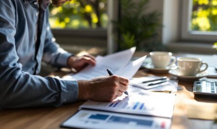 un-proprietaire-assis-a-un-bureau-en-bois-dans-un-appartement-lumineux-examinant-des-documents-de-location-etales-avec-un-stylo-une-calculatrice-et-une-tasse-de-cafe-une-fenetre-et-une-plante