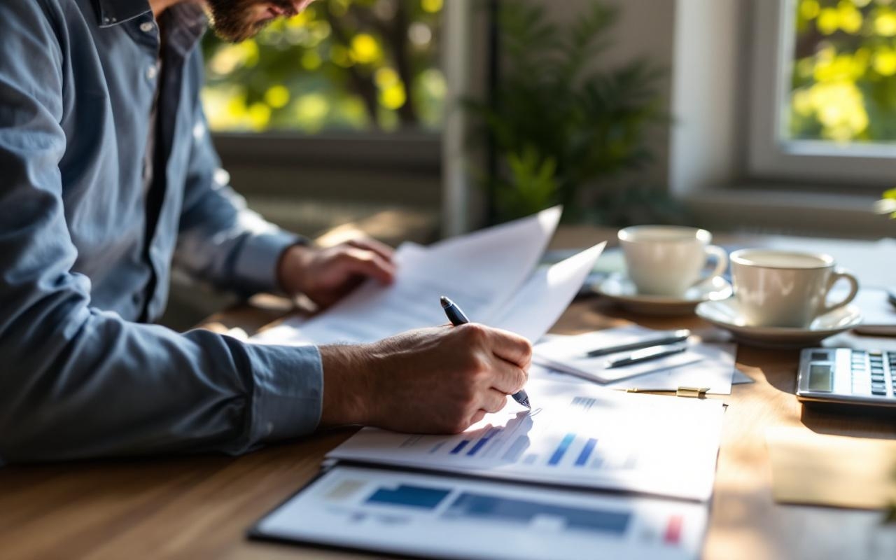 un-proprietaire-assis-a-un-bureau-en-bois-dans-un-appartement-lumineux-examinant-des-documents-de-location-etales-avec-un-stylo-une-calculatrice-et-une-tasse-de-cafe-une-fenetre-et-une-plante