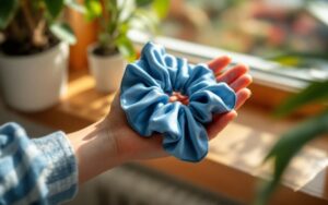 gros-plan-dune-chouchou-en-soie-tenue-dans-une-main-pres-dune-fenetre-la-texture-brillante-de-la-soie-et-les-coutures-fines-sont-visibles-arriere-plan-flou-avec-plante-lumiere-naturelle-douce