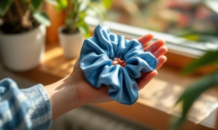 gros-plan-dune-chouchou-en-soie-tenue-dans-une-main-pres-dune-fenetre-la-texture-brillante-de-la-soie-et-les-coutures-fines-sont-visibles-arriere-plan-flou-avec-plante-lumiere-naturelle-douce