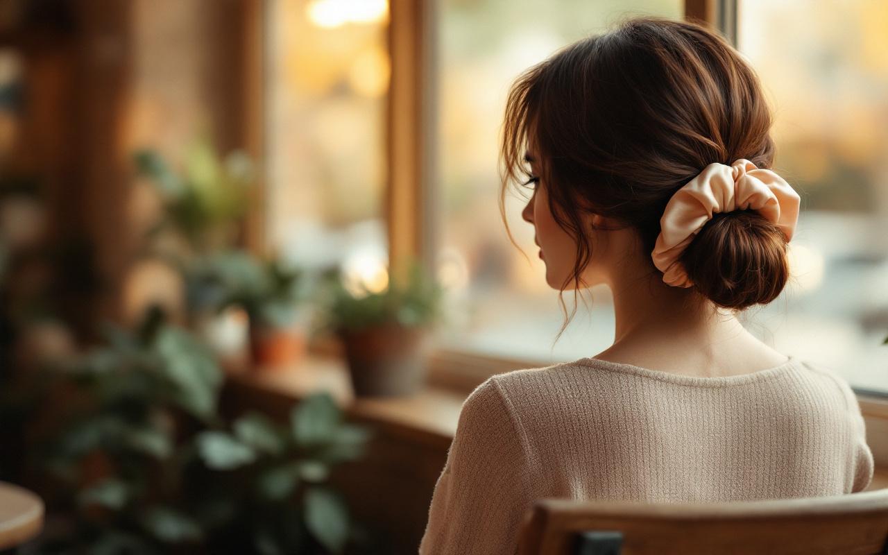 Femme coiff&eacute;e d'un chignon bas maintenu par un scrunchie en satin, assise pr&egrave;s d'une fen&ecirc;tre dans un caf&eacute; chaleureux, lumi&egrave;re douce et arri&egrave;re-plan v&eacute;g&eacute;tal.
