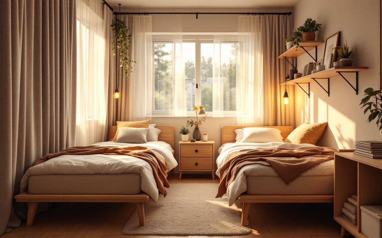 Petite chambre partagée lumineuse avec des meubles gain de place, des rangements verticaux et une ambiance chaleureuse, éclairée par la lumière du jour et des lampes aux tons dorés.