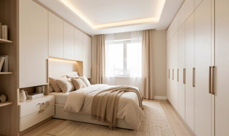 Petite chambre moderne bien agencée, rangements intégrés, tons clairs et ambiance lumineuse et chaleureuse.