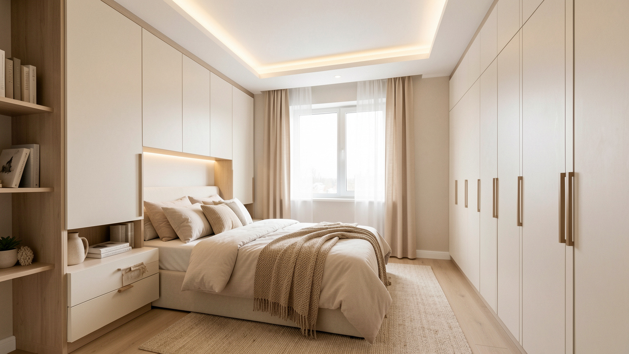 Petite chambre moderne bien agencée, rangements intégrés, tons clairs et ambiance lumineuse et chaleureuse.