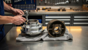 Mécanicien comparant une pièce auto neuve et une pièce d’occasion sur un établi dans un garage, avec un petit pied à coulisse et des outils en arrière-plan.