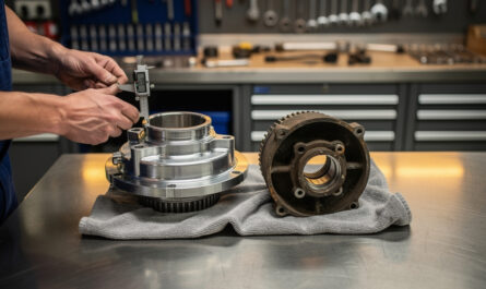 Mécanicien comparant une pièce auto neuve et une pièce d’occasion sur un établi dans un garage, avec un petit pied à coulisse et des outils en arrière-plan.