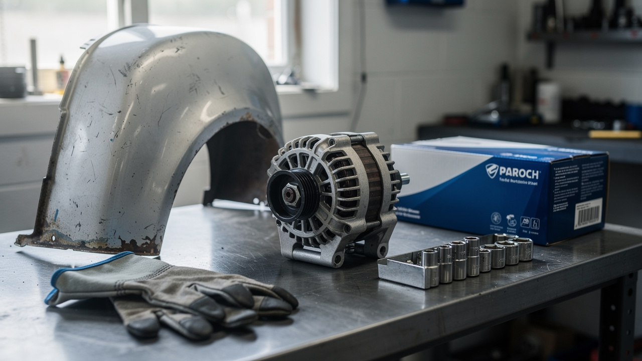 Table d’atelier remplie de pièces automobiles : un alternateur reconditionné, une pièce de carrosserie d’occasion et une boîte de pièces neuves, avec outils disposés autour.