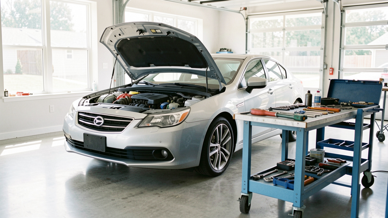 Voiture familiale propre avec le capot ouvert dans un garage lumineux, entourée d’outils d’entretien soigneusement rangés.