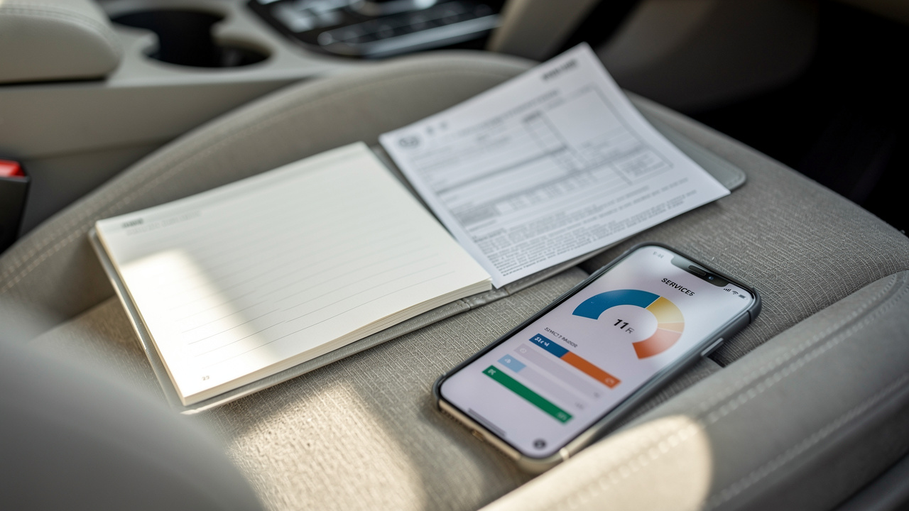 Détail d’un véhicule d’occasion avec carnet d’entretien, document d’immatriculation vierge et smartphone affichant un indicateur abstrait de valeur automobile.