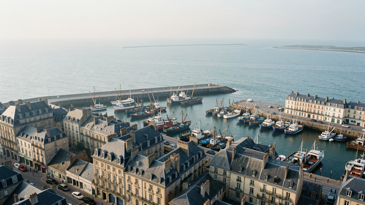 Vue réaliste de Boulogne-sur-Mer depuis les hauteurs, avec le port de pêche, les immeubles anciens et la mer de la Manche sous une lumière douce.
