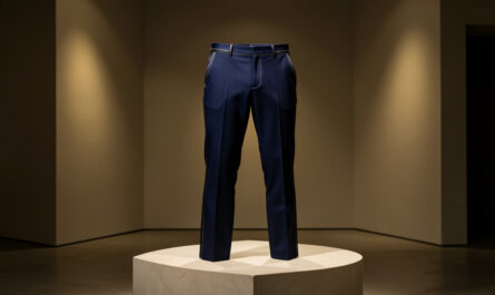 Pantalon de luxe bleu marine exposé sur un piédestal dans un intérieur élégant, mis en valeur par un éclairage doré.
