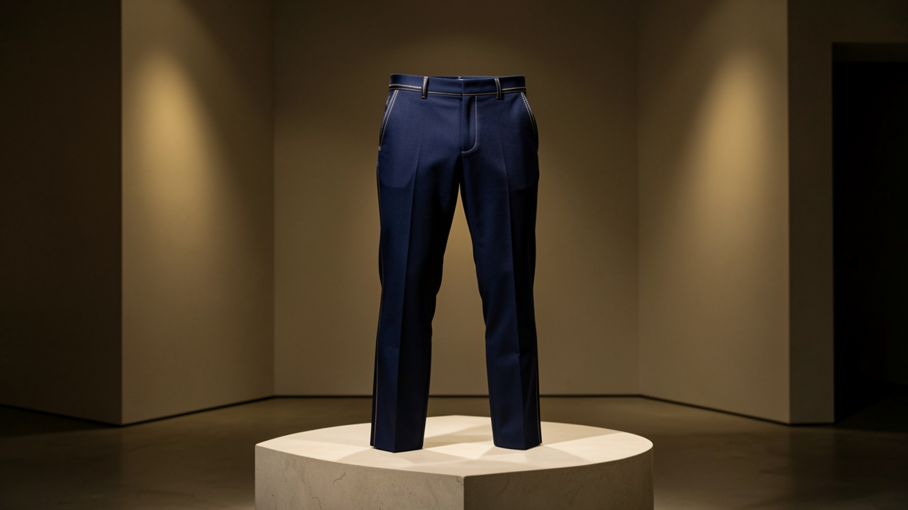 Pantalon de luxe bleu marine exposé sur un piédestal dans un intérieur élégant, mis en valeur par un éclairage doré.