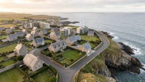 Vue aérienne réaliste d'une ville bretonne mêlant maisons en pierre, immeubles récents et littoral sous une lumière douce.