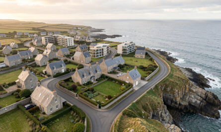 Vue aérienne réaliste d'une ville bretonne mêlant maisons en pierre, immeubles récents et littoral sous une lumière douce.