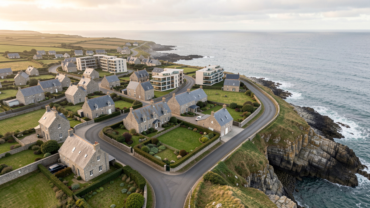 Vue aérienne réaliste d'une ville bretonne mêlant maisons en pierre, immeubles récents et littoral sous une lumière douce.