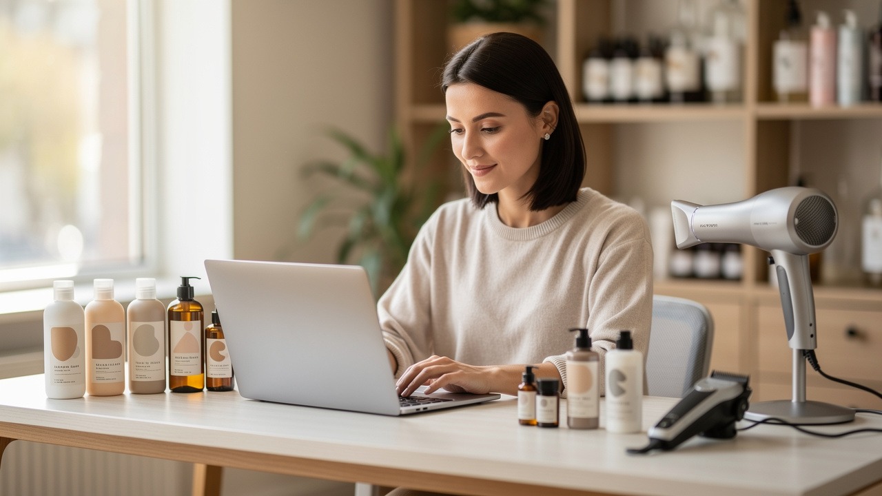 Une femme consulte une boutique de coiffure en ligne sur un ordinateur, entourée de produits capillaires, d’une tondeuse et d’un sèche-cheveux soigneusement disposés sur un bureau lumineux.