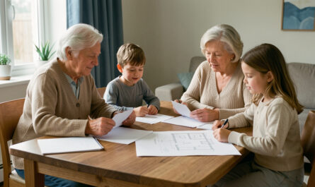 Un couple de seniors et deux enfants réunis autour d’une table consultent des documents immobiliers vierges et des plans de maison dans une ambiance familiale sobre.