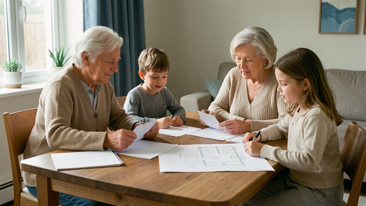 Un couple de seniors et deux enfants réunis autour d’une table consultent des documents immobiliers vierges et des plans de maison dans une ambiance familiale sobre.