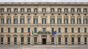 Illustration réaliste et sobre du palais Chigi à Rome, avec les drapeaux italien et européen devant sa façade historique.