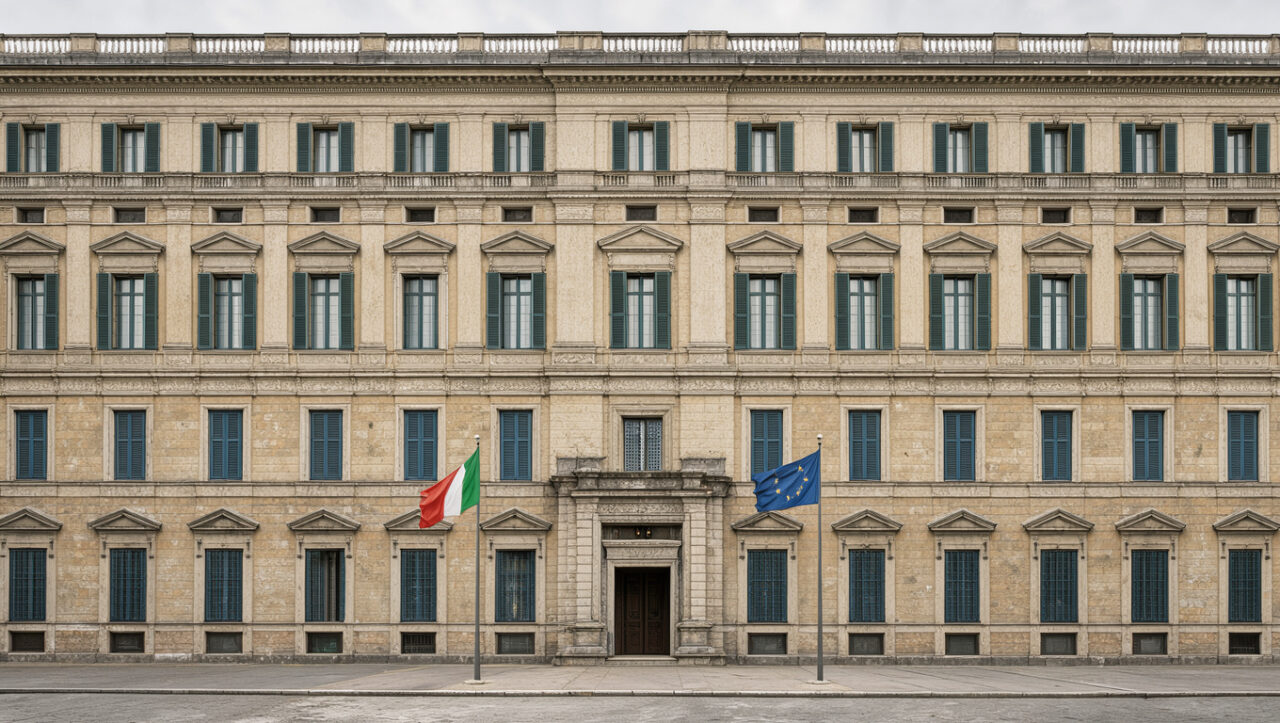 Illustration réaliste et sobre du palais Chigi à Rome, avec les drapeaux italien et européen devant sa façade historique.