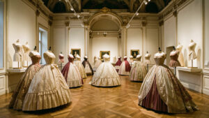 Vue éditoriale d’une salle de musée parisienne présentant des robes à crinoline et des corsets du XIXe siècle sur des mannequins, sous une lumière douce.