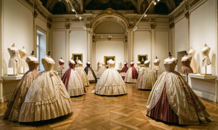 Vue éditoriale d’une salle de musée parisienne présentant des robes à crinoline et des corsets du XIXe siècle sur des mannequins, sous une lumière douce.