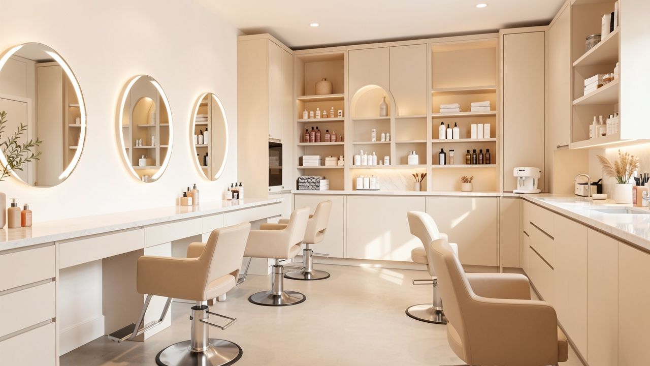 Salon de coiffure moderne et lumineux avec fauteuils élégants, miroirs ronds et rangements soigneusement organisés.